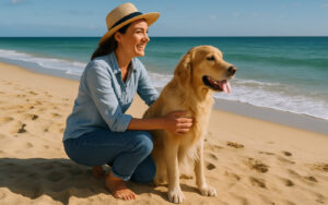 Frau mit Hund am Strand , Tiere , Urlaub