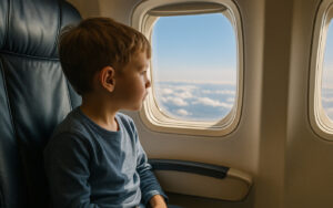 Kind am Fenster im Flugzeug